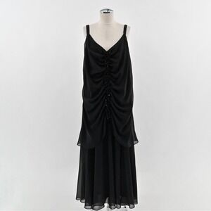 Vtg Y2k Whimsigoth Maxi Dress Size 14 Black Beaded Gown Sleeveless Ruched Grunge